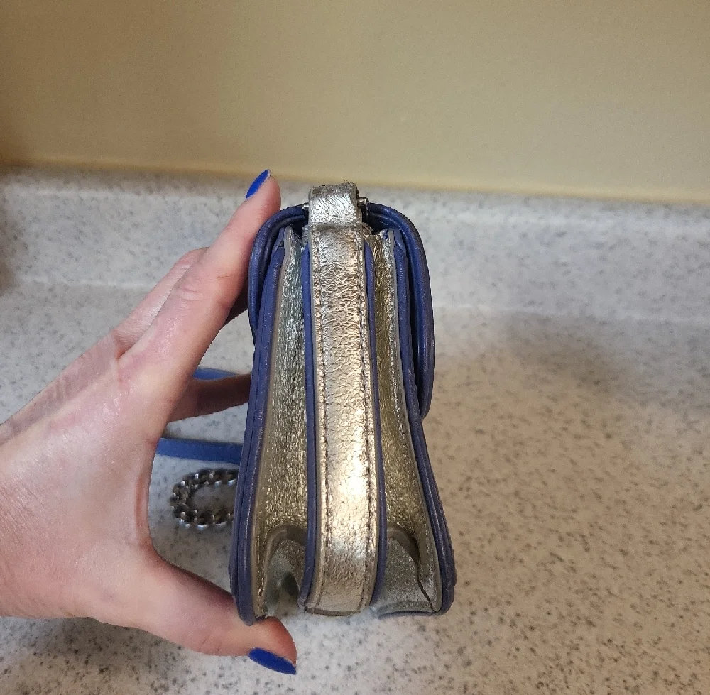 Tory Burch Duet Chain Micro shoulder purse bag in Marlon blue pebbled leather - Picture 4 of 15